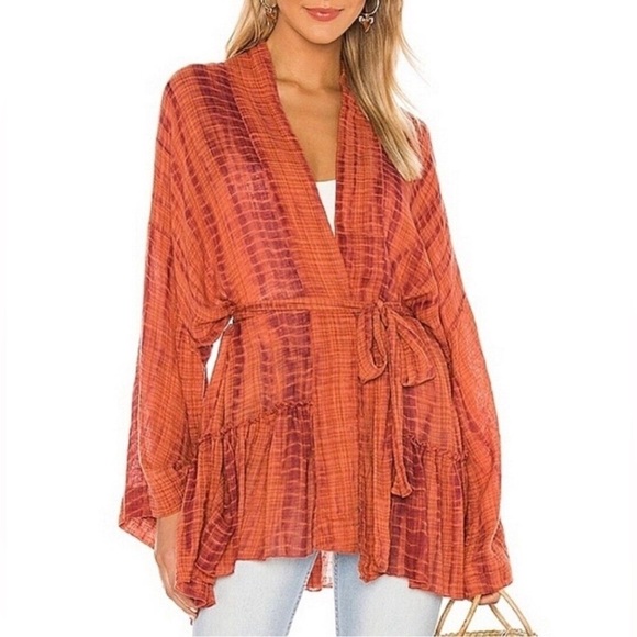 Free People Revolve Sashi Tie Dye Boho Kimono Cardigan Pink Orange  XS Small - Picture 1 of 4